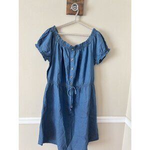NWT MPH Collection Womens Size 3X Chambray Blue Dress Short Sleeve Ruffle Trim